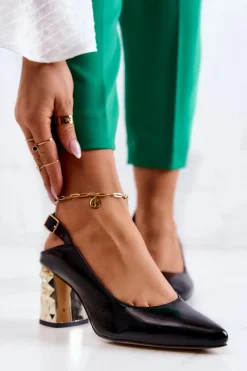 New Skórzane Czółenka Na Słupku 05427-01 Czarne Damskie Czółenka Na Słupku|Czółenka Klasyczne