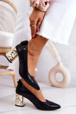 Sale Maciejka Skórzane Czółenka Na Słupku 05334-01 Czarne