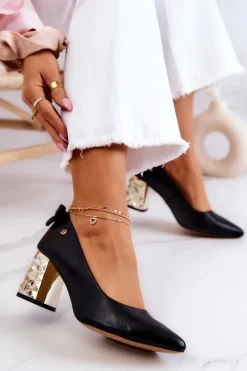 Sale Maciejka Skórzane Czółenka Na Słupku 05334-01 Czarne