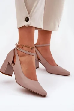 Online Skórzane Czółenka Na Słupku K6816-04 Beżowe Damskie Czółenka Na Słupku