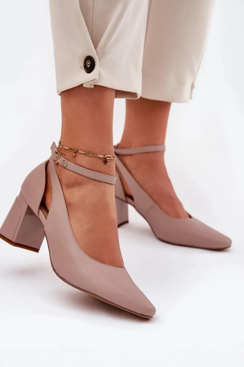 Online Skórzane Czółenka Na Słupku K6816-04 Beżowe Damskie Czółenka Na Słupku