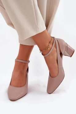 Online Skórzane Czółenka Na Słupku K6816-04 Beżowe Damskie Czółenka Na Słupku