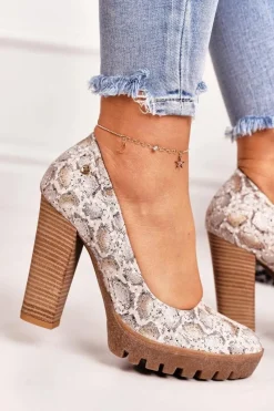 Czółenka Na Platformie|Czółenka Na Słupku>Maciejka Skórzane Czółenka Na Słupku 02629-25 Złoto-Beżowe