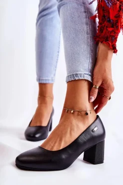 Hot Skórzane Czółenka Na Słupku Sergio Leone PB178 Czarne Damskie Czółenka Na Słupku