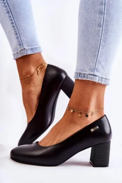 Hot Skórzane Czółenka Na Słupku Sergio Leone PB178 Czarne Damskie Czółenka Na Słupku