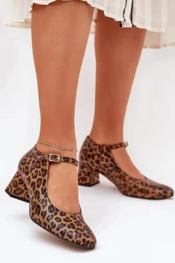 New Laura Messi Skórzane Czółenka Na Słupku W Panterkę 2936 Brązowe