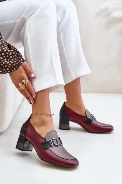 Czółenka Klasyczne>Laura Messi Skórzane Czółenka Na Słupku Ze Złotą Ozdobą 2861 Bordowe Czerwony