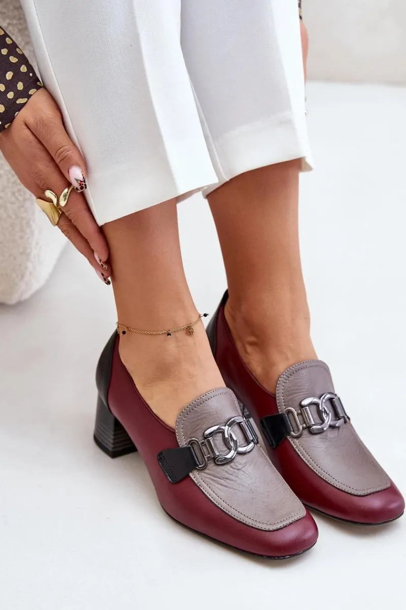 Czółenka Klasyczne>Laura Messi Skórzane Czółenka Na Słupku Ze Złotą Ozdobą 2861 Bordowe Czerwony