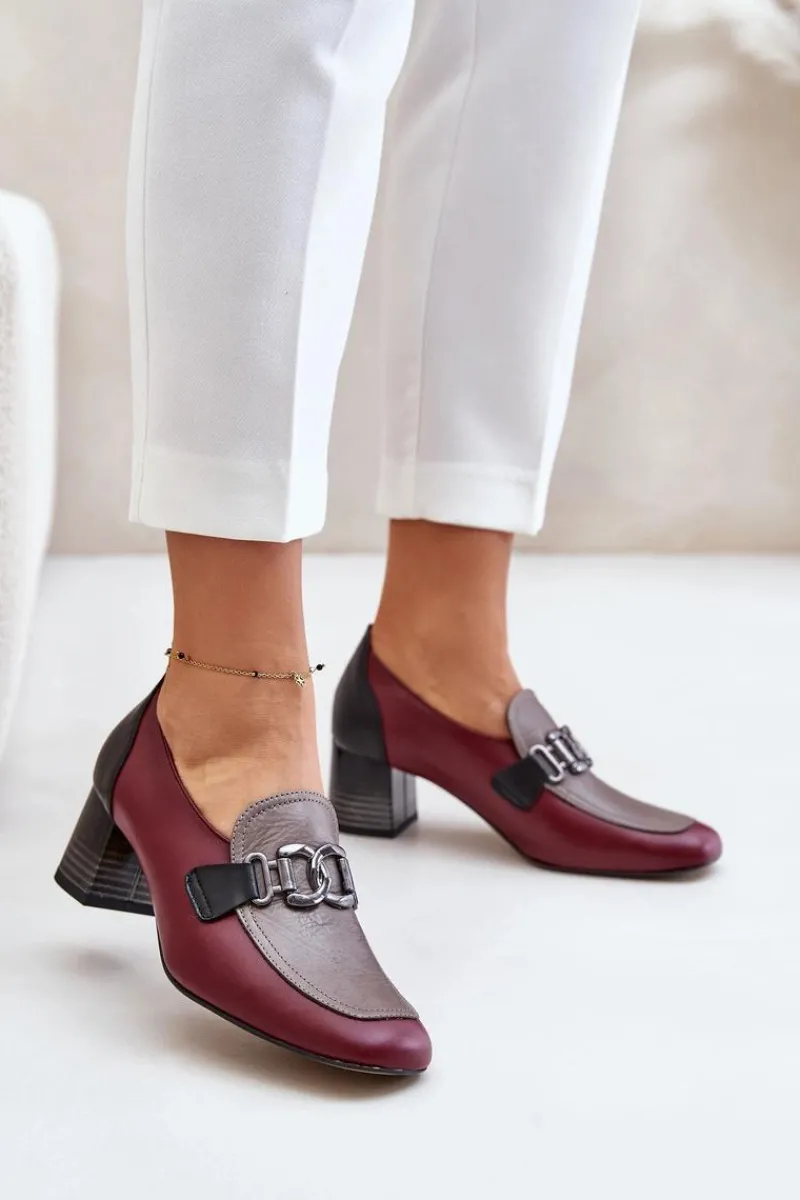 Czółenka Klasyczne>Laura Messi Skórzane Czółenka Na Słupku Ze Złotą Ozdobą 2861 Bordowe Czerwony