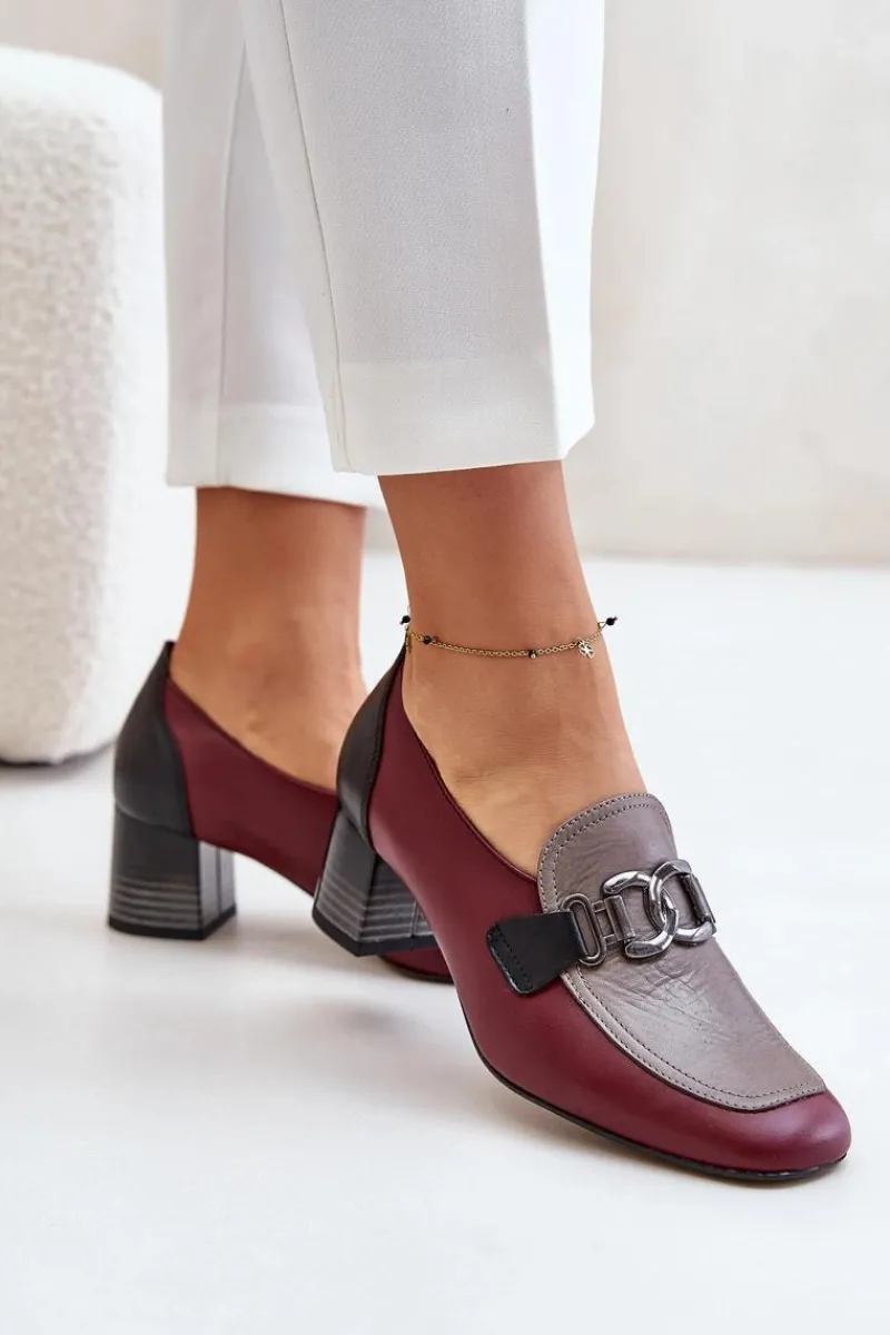 Czółenka Klasyczne>Laura Messi Skórzane Czółenka Na Słupku Ze Złotą Ozdobą 2861 Bordowe Czerwony