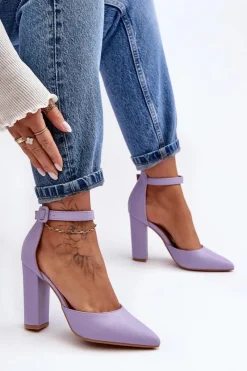 Outlet Skórzane Czółenka Na Wysokim Słupku Fioletowe Salira Damskie Czółenka Na Słupku|Czółenka Klasyczne