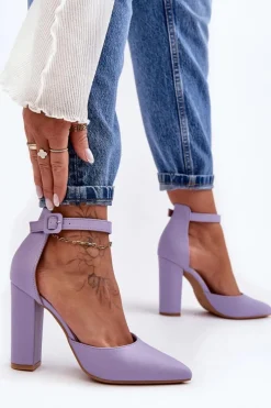 Outlet Skórzane Czółenka Na Wysokim Słupku Fioletowe Salira Damskie Czółenka Na Słupku|Czółenka Klasyczne