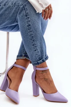 Outlet Skórzane Czółenka Na Wysokim Słupku Fioletowe Salira Damskie Czółenka Na Słupku|Czółenka Klasyczne