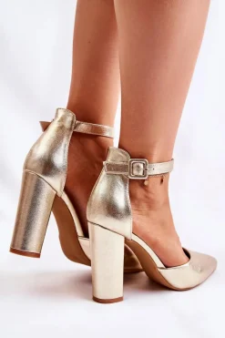 Hot Boto Skórzane Czółenka Na Wysokim Słupku Złote Salira