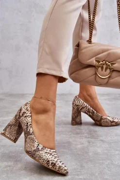 Discount Boto Skórzane Czółenka W Wężowy Wzór Lewski Shoes 3277 Beżowo-Złote