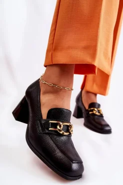 Czółenka Klasyczne>Laura Messi Skórzane Czółenka Z Łańcuchem 2515 Czarne Czarny