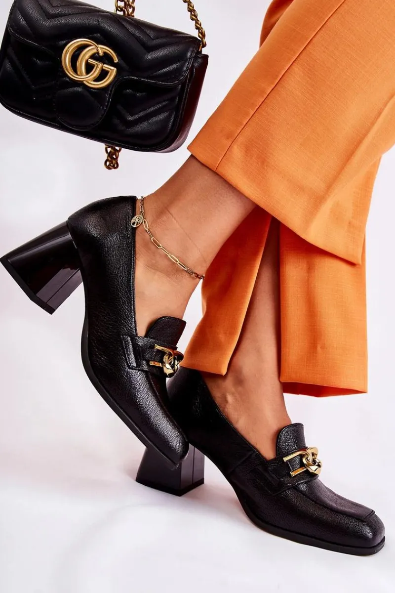 Czółenka Klasyczne>Laura Messi Skórzane Czółenka Z Łańcuchem 2515 Czarne Czarny