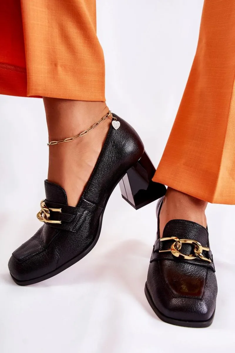 Czółenka Klasyczne>Laura Messi Skórzane Czółenka Z Łańcuchem 2515 Czarne Czarny