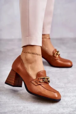 Czółenka Klasyczne>Laura Messi Skórzane Czółenka Z Łańcuchem 2514 Camel