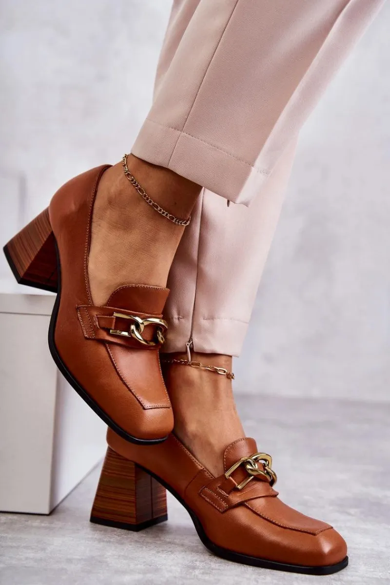 Czółenka Klasyczne>Laura Messi Skórzane Czółenka Z Łańcuchem 2514 Camel