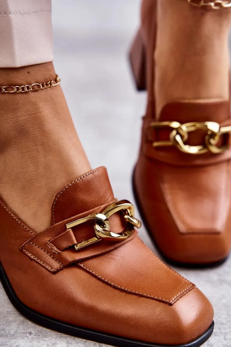 Czółenka Klasyczne>Laura Messi Skórzane Czółenka Z Łańcuchem 2514 Camel