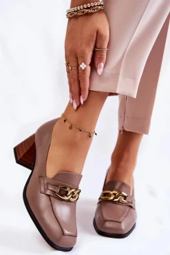 Laura Messi Skórzane Czółenka Z Łańcuchem 2514 Beżowe