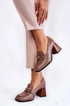 Laura Messi Skórzane Czółenka Z Łańcuchem 2514 Beżowe