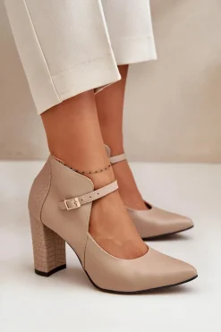 New Laura Messi Skórzane Czółenka Z Noskami W Szpic Na Słupku Beżowe 2832