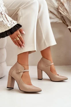 New Laura Messi Skórzane Czółenka Z Noskami W Szpic Na Słupku Beżowe 2832