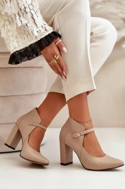 New Laura Messi Skórzane Czółenka Z Noskami W Szpic Na Słupku Beżowe 2832