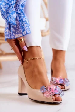 Boto Skórzane Czółenka Z Ozdobą Beżowe Dayane