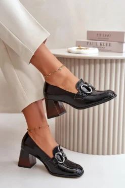 Outlet Skórzane Czółenka Z Ozdobą Czarne 2845 Damskie Czółenka Klasyczne