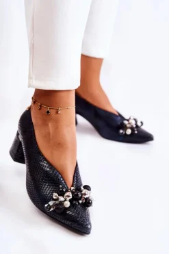 Laura Messi Skórzane Czółenka Z Ozdobą 2487 Czarne