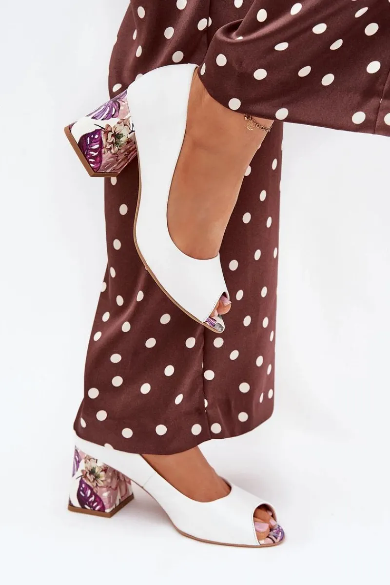 Online Skórzane Czółenka Z Ozdobnym Obcasem Lewski Shoes 2608/K Białe Damskie Czółenka Na Słupku|Czółenka Klasyczne