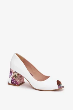 Online Skórzane Czółenka Z Ozdobnym Obcasem Lewski Shoes 2608/K Białe Damskie Czółenka Na Słupku|Czółenka Klasyczne