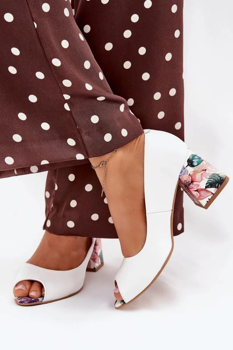 Online Skórzane Czółenka Z Ozdobnym Obcasem Lewski Shoes 2608/K Białe Damskie Czółenka Na Słupku|Czółenka Klasyczne