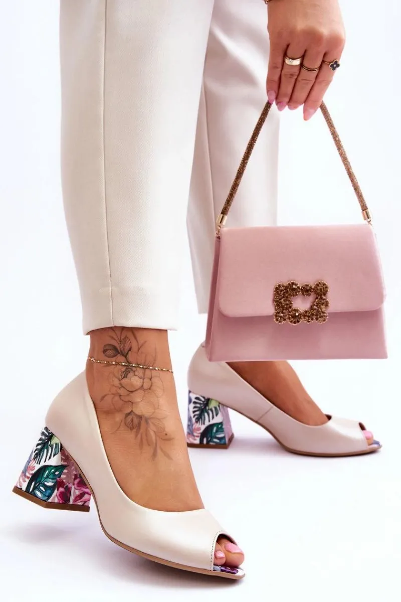 Best Skórzane Czółenka Z Ozdobnym Obcasem Lewski Shoes 2608/K Perłowy Damskie Czółenka Na Słupku|Czółenka Klasyczne