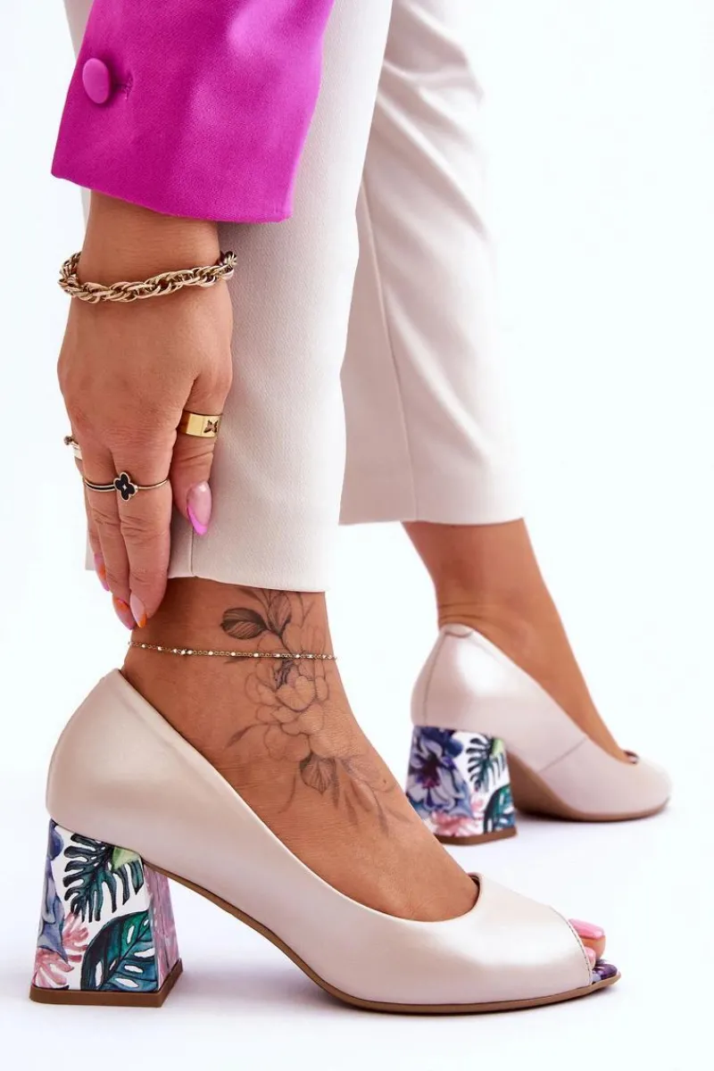 Best Skórzane Czółenka Z Ozdobnym Obcasem Lewski Shoes 2608/K Perłowy Damskie Czółenka Na Słupku|Czółenka Klasyczne