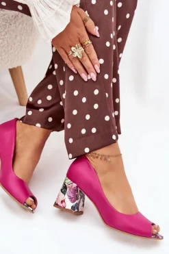 Sale Boto Skórzane Czółenka Z Ozdobnym Obcasem Lewski Shoes 2608/K Fuksja Różowy