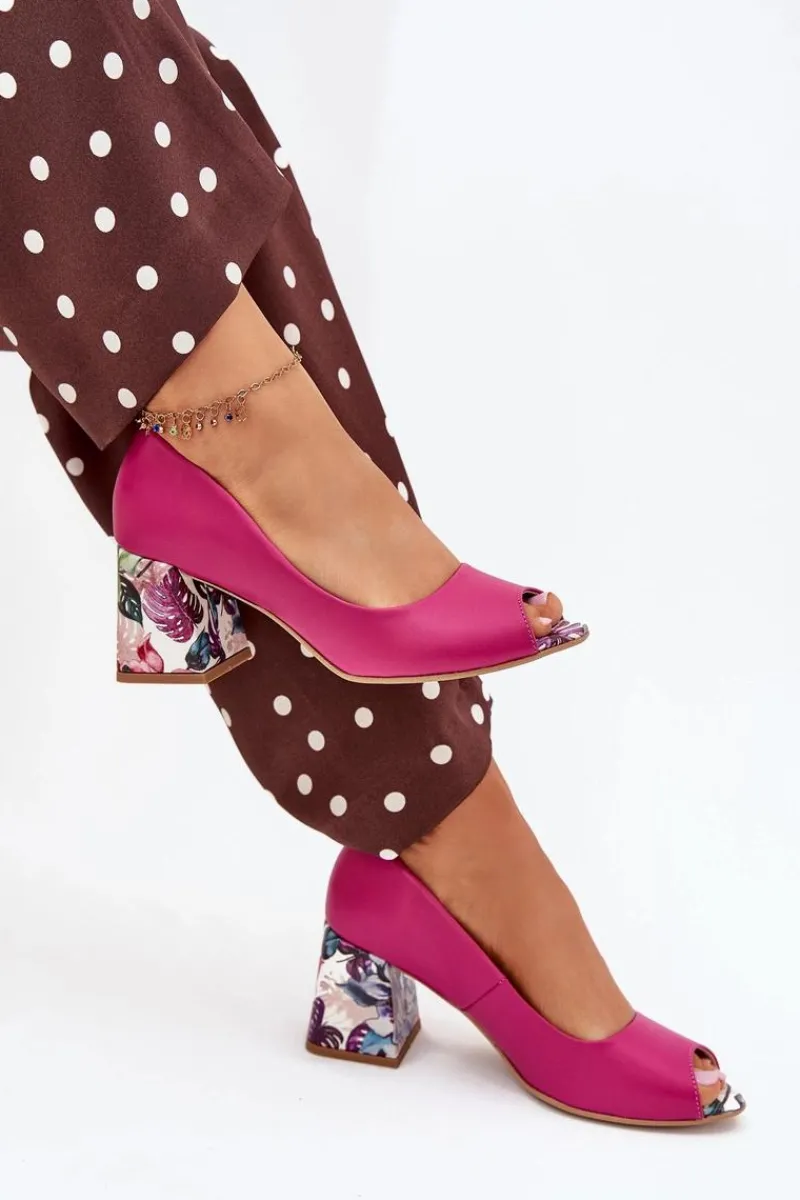 Sale Boto Skórzane Czółenka Z Ozdobnym Obcasem Lewski Shoes 2608/K Fuksja Różowy
