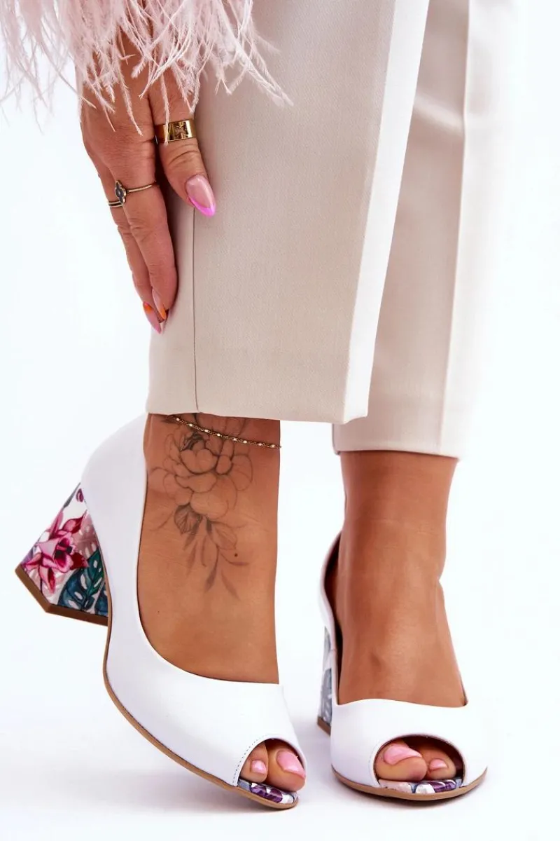 Outlet Skórzane Czółenka Z Ozdobnym Obcasem Lewski Shoes 2608/K Biały Groch Damskie Czółenka Na Słupku|Czółenka Klasyczne