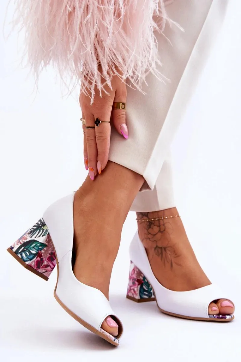 Outlet Skórzane Czółenka Z Ozdobnym Obcasem Lewski Shoes 2608/K Biały Groch Damskie Czółenka Na Słupku|Czółenka Klasyczne