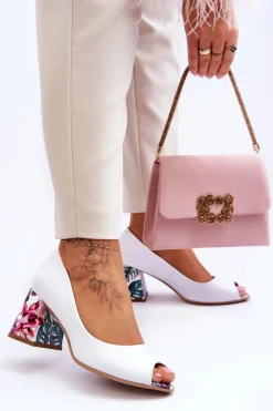 Outlet Skórzane Czółenka Z Ozdobnym Obcasem Lewski Shoes 2608/K Biały Groch Damskie Czółenka Na Słupku|Czółenka Klasyczne