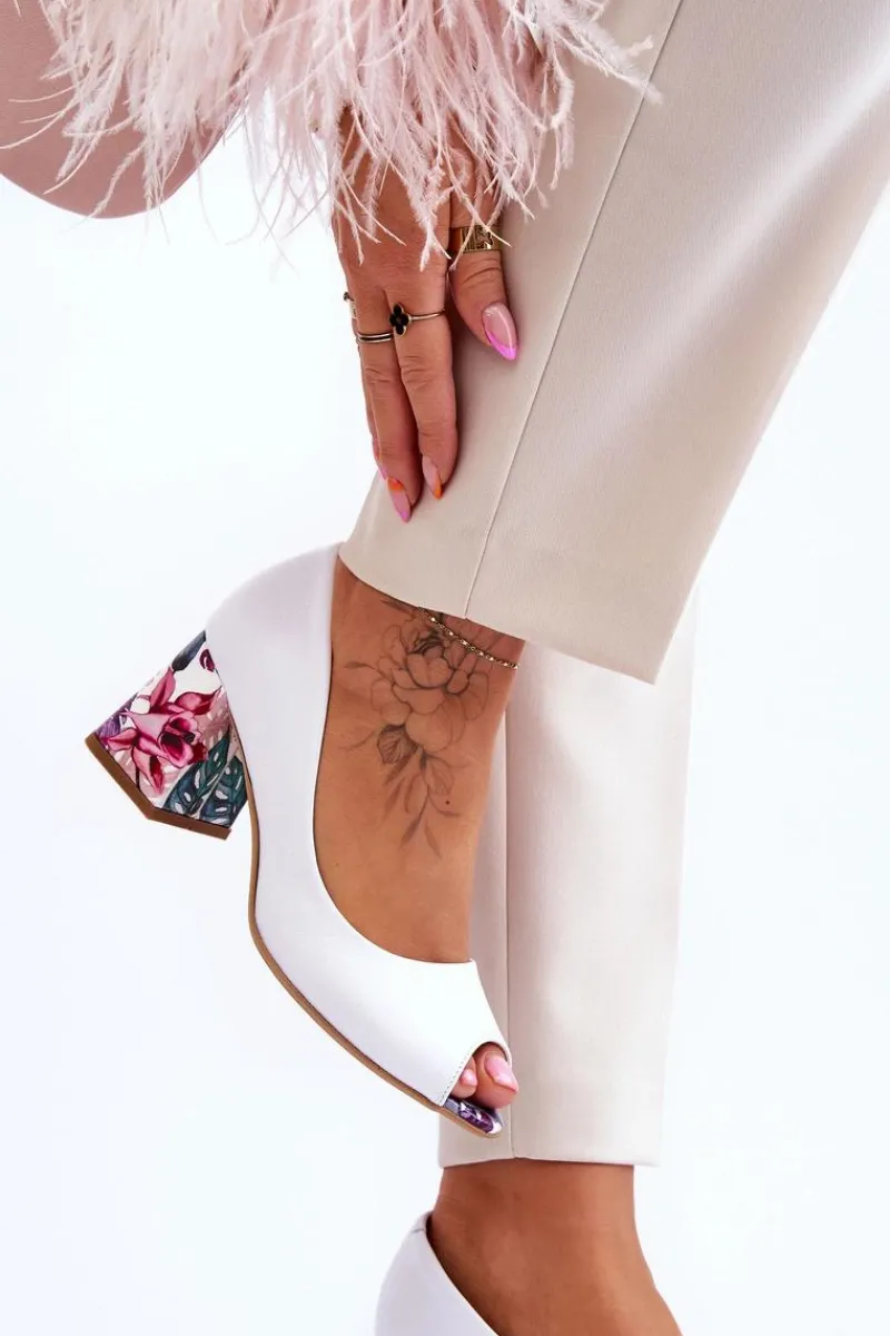 Outlet Skórzane Czółenka Z Ozdobnym Obcasem Lewski Shoes 2608/K Biały Groch Damskie Czółenka Na Słupku|Czółenka Klasyczne