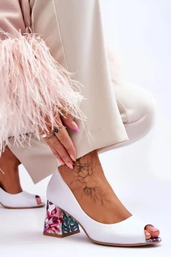 Outlet Skórzane Czółenka Z Ozdobnym Obcasem Lewski Shoes 2608/K Biały Groch Damskie Czółenka Na Słupku|Czółenka Klasyczne