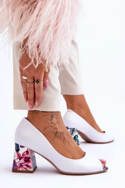 Outlet Skórzane Czółenka Z Ozdobnym Obcasem Lewski Shoes 2608/K Biały Groch Damskie Czółenka Na Słupku|Czółenka Klasyczne