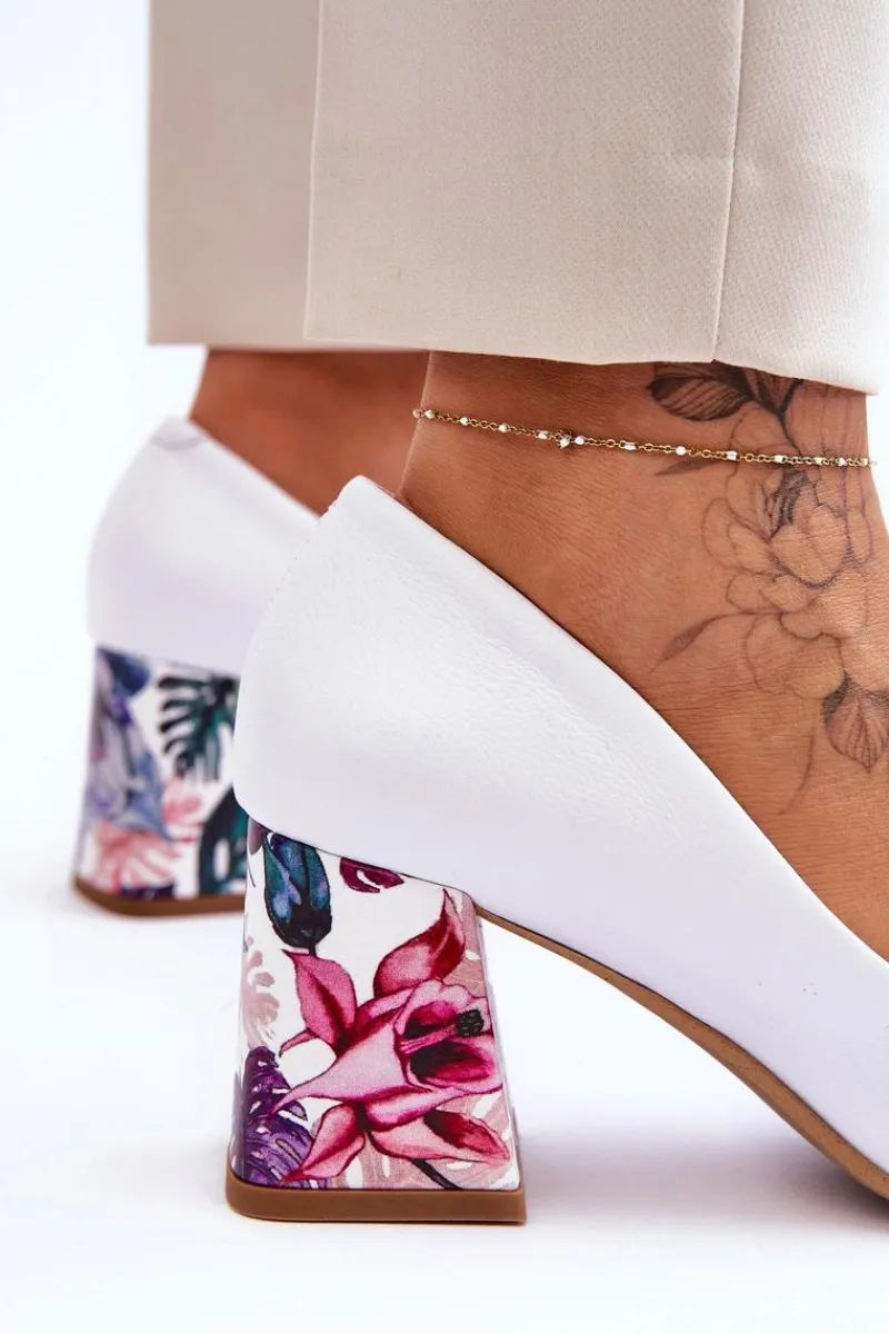 Outlet Skórzane Czółenka Z Ozdobnym Obcasem Lewski Shoes 2608/K Biały Groch Damskie Czółenka Na Słupku|Czółenka Klasyczne