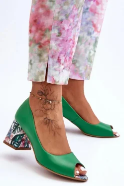 Czółenka Na Słupku|Czółenka Klasyczne>Boto Skórzane Czółenka Z Ozdobnym Obcasem Lewski Shoes 2608/K Zielone Zielony