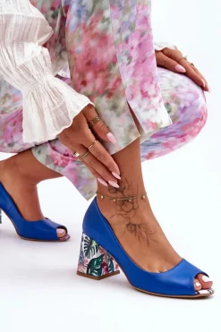 Skórzane Czółenka Z Ozdobnym Obcasem Lewski Shoes 2608/K e Damskie Czółenka Na Słupku|Czółenka Klasyczne