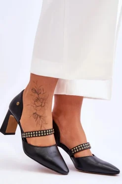 Outlet Skórzane Czółenka Z Paskiem 05950-01 Czarne Damskie Czółenka Na Słupku|Czółenka Klasyczne